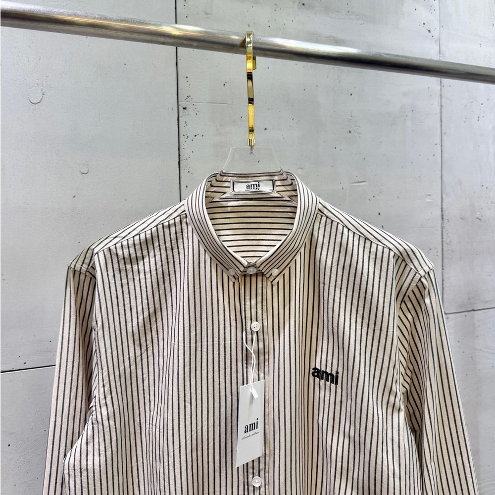 NWT AMI Paris Brown & White Striped Cotton Button-Down Shirt with Logo - Picture 6 of 8
